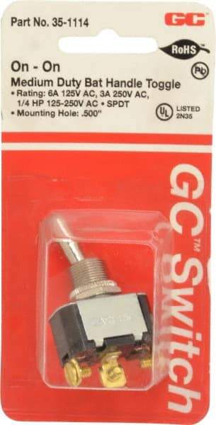 GC/Waldom - SPDT Medium Duty On-On Toggle Switch - Screw Terminal, Bat Handle Actuator, 1/4 hp at 125/250 VAC hp, 125 VAC at 6 A & 250 VAC at 3 A - Apex Tool & Supply