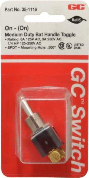 GC/Waldom - SPDT Medium Duty On-On Toggle Switch - Screw Terminal, Bat Handle Actuator, 1/4 hp at 125/250 VAC hp, 125 VAC at 6 A & 250 VAC at 3 A - Apex Tool & Supply