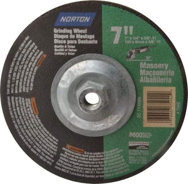 Norton - 24 Grit, 7" Wheel Diam, 1/4" Wheel Thickness, Type 27 Depressed Center Wheel - Silicon Carbide, 8,600 Max RPM, Compatible with Angle Grinder - Apex Tool & Supply