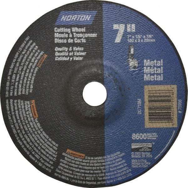 Norton - 60 Grit, 7" Wheel Diam, 1/8" Wheel Thickness, 7/8" Arbor Hole, Type 27 Depressed Center Wheel - Aluminum Oxide, 8,600 Max RPM, Compatible with Angle Grinder - Apex Tool & Supply