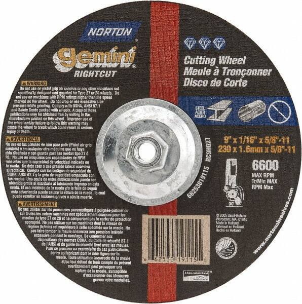 Norton - 9" Wheel Diam, 1/16" Wheel Thickness, Type 27 Depressed Center Wheel - Aluminum Oxide, 6,600 Max RPM, Compatible with Angle Grinder - Apex Tool & Supply