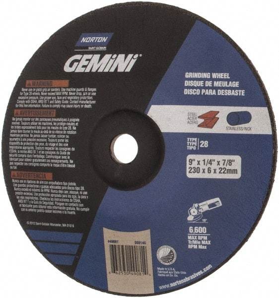 Norton - 24 Grit, 9" Wheel Diam, 1/4" Wheel Thickness, 7/8" Arbor Hole, Type 28 Depressed Center Wheel - Aluminum Oxide, 6,600 Max RPM, Compatible with Angle Grinder - Apex Tool & Supply