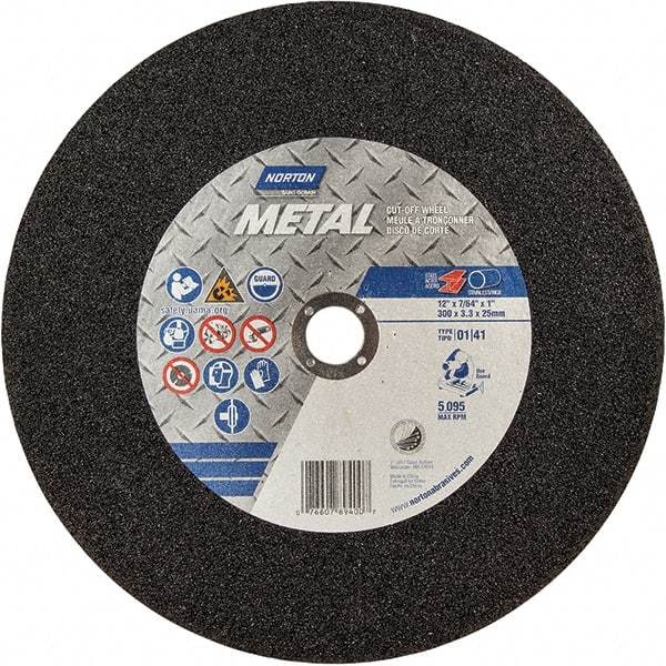 Norton - 12" 36 Grit Aluminum Oxide Cutoff Wheel - 7/64" Thick, 1" Arbor, 5,095 Max RPM, Use with Chop Saws - Apex Tool & Supply