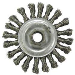 Anderson - 4" OD, M10x1.25 Arbor Hole, Knotted Stainless Steel Wheel Brush - 3/8" Face Width, 1" Trim Length, 0.02" Filament Diam, 20,000 RPM - Apex Tool & Supply