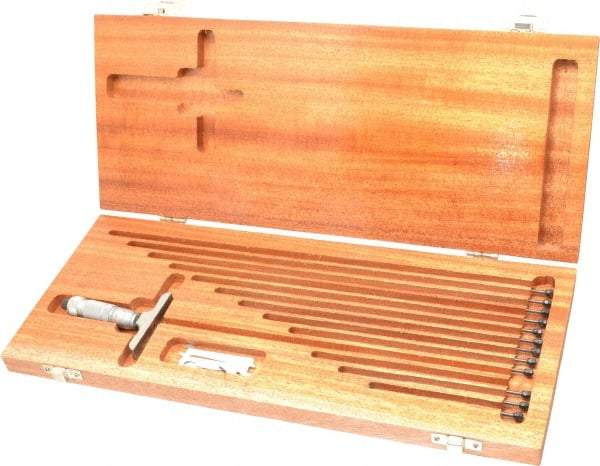 TESA Brown & Sharpe - 0 to 12" Range, 12 Rod, Satin Chrome Finish Mechanical Depth Micrometer - Friction Thimble, 2-1/2" Base Length, 0.001" Graduation, 1/8" Rod Diam - Apex Tool & Supply