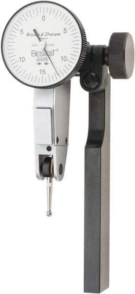 TESA Brown & Sharpe - 0.03 Inch Range, 0.0005 Inch Dial Graduation, Horizontal Dial Test Indicator - 1 Inch White Dial, 0-15-0 Dial Reading - Apex Tool & Supply