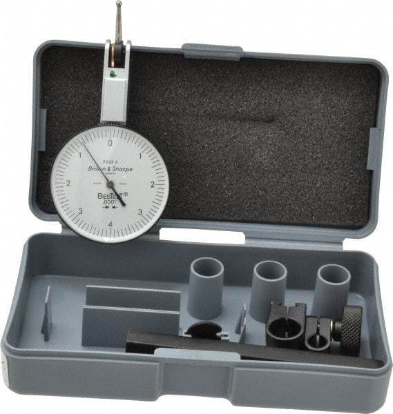 TESA Brown & Sharpe - 0.008 Inch Range, 0.0001 Inch Dial Graduation, Horizontal Dial Test Indicator - 1-1/2 Inch White Dial, 0-4-0 Dial Reading, Accurate to 0.0001 Inch - Apex Tool & Supply