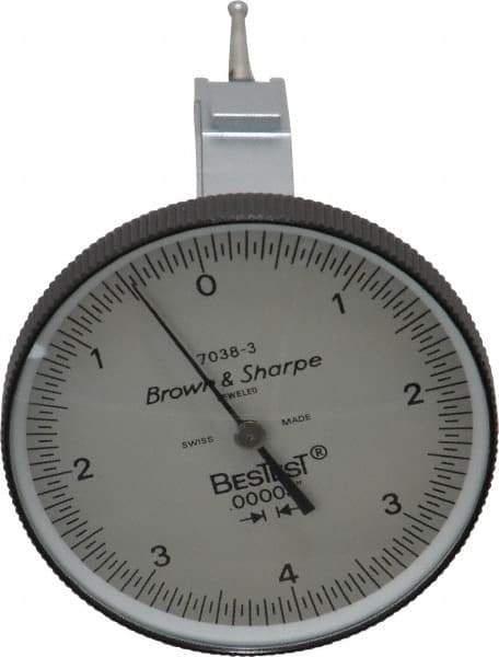TESA Brown & Sharpe - 0.008 Inch Range, 0 Inch Dial Graduation, Vertical Dial Test Indicator - 1-1/2 Inch White Dial, 0-4-0 Dial Reading - Apex Tool & Supply