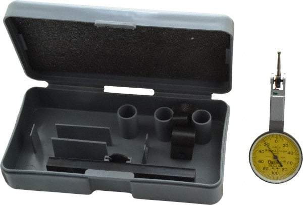 TESA Brown & Sharpe - 0.2 mm Range, 0.002 mm Dial Graduation, Horizontal Dial Test Indicator - 28 mm Yellow Dial, 0-100-0 Dial Reading, 0.002 mm - Apex Tool & Supply