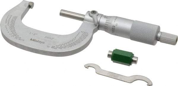 Mitutoyo - 1 to 2" Range, 0.0001" Graduation, Mechanical Outside Micrometer - Ratchet Stop Thimble, Accurate to 0.0001" - Apex Tool & Supply