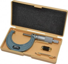 Mitutoyo - 25 to 50mm Range, 0.01mm Graduation, Mechanical Outside Micrometer - Ratchet Stop Thimble, Accurate to 0.0001" - Apex Tool & Supply