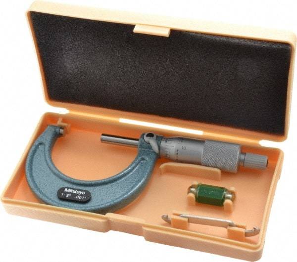 Mitutoyo - 1 to 2" Range, 0.001" Graduation, Mechanical Outside Micrometer - Ratchet Stop Thimble, Accurate to 0.0001" - Apex Tool & Supply