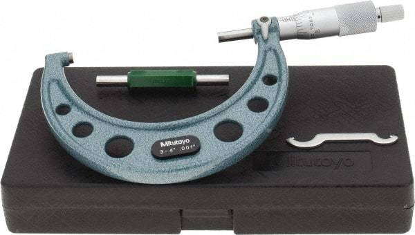 Mitutoyo - 3 to 4" Range, 0.001" Graduation, Mechanical Outside Micrometer - Ratchet Stop Thimble, Accurate to 0.00015" - Apex Tool & Supply