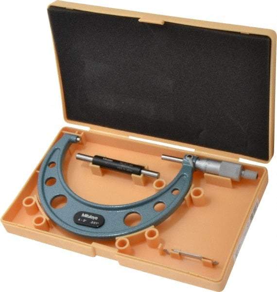 Mitutoyo - 4 to 5" Range, 0.001" Graduation, Mechanical Outside Micrometer - Ratchet Stop Thimble, Accurate to 0.00015" - Apex Tool & Supply