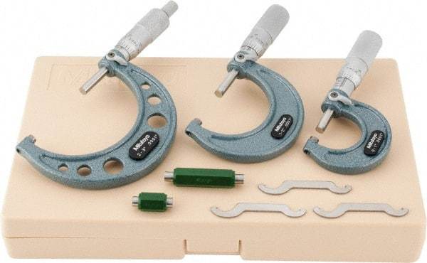 Mitutoyo - 0 to 3" Range, 3 Piece Mechanical Outside Micrometer Set - 0.0001" Graduation, 0.0001" Accuracy, Friction Thimble, Carbide Tipped Face - Apex Tool & Supply