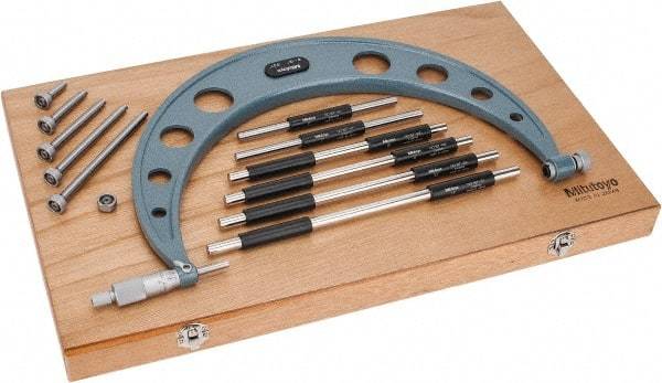 Mitutoyo - 6 Anvil, Mechanical, 6 to 12 Inch Range, Digital Counter Carbide Face Interchangeable Anvil Micrometer - Ratchet Stop Thimble, 0.00016 + 0.00004 (L/3) Inch Accuracy, 0.001 Inch Graduation, Includes Wooden Case - Apex Tool & Supply