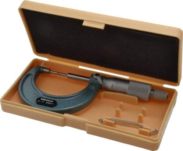 Mitutoyo - 1 Inch, 38mm Throat Depth, Mechanical Spline Micrometer - Accurate Up to 0.00015 Inch, 0.0001 Inch Graduation, 1/4 Inch Spindle Diameter, 18mm Head Diameter, Ratchet Stop Thimble - Apex Tool & Supply