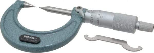 Mitutoyo - 1 Inch, 38mm Throat Depth, Ratchet Stop, Mechanical Point Micrometer - Accurate Up to 0.00015 Inch, 0.001 Inch Graduation, 0.5039 Inch Point Length, 30° Point Angle, 18mm Head Diameter, 6.35mm Spindle Diameter - Apex Tool & Supply