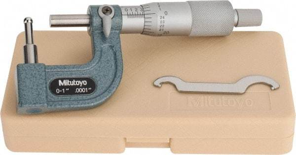 Mitutoyo - 1 Inch Measurement Range, 0.0001 Inch Graduation, Barrel Anvil, Ratchet Stop Thimble, Mechanical Tube Micrometer - Accurate Up to 0.0002 Inch, Carbide, Includes Plastic Case - Apex Tool & Supply