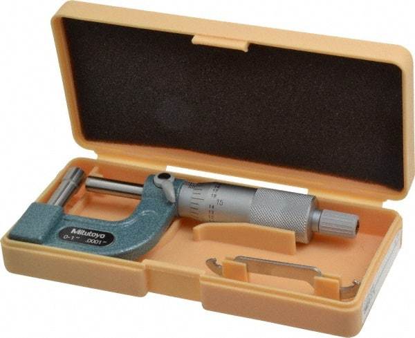 Mitutoyo - 1 Inch Measurement Range, 0.0001 Inch Graduation, Barrel Anvil, Ratchet Stop Thimble, Mechanical Tube Micrometer - Accurate Up to 0.0002 Inch, Carbide, Includes Plastic Case - Apex Tool & Supply