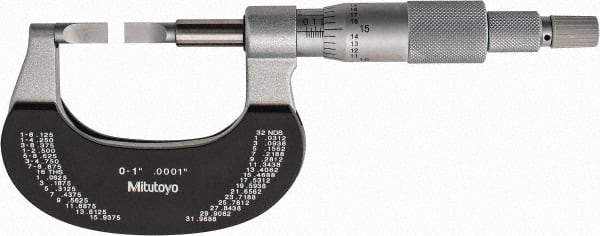 Mitutoyo - 0" to 1" Mechanical Satin Chrome Coated with Thermal Shield Blade Micrometer - 0.0002" Accuracy, 0.0001" Graduation, 0.75mm Blade Thickness, Ratchet Stop Thimble - Apex Tool & Supply
