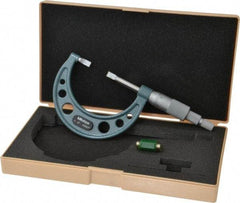 Mitutoyo - 1" to 2" Mechanical Hammertone Green Coated Blade Micrometer - 0.0002" Accuracy, 0.0001" Graduation, 0.75mm Blade Thickness, Ratchet Stop Thimble - Apex Tool & Supply