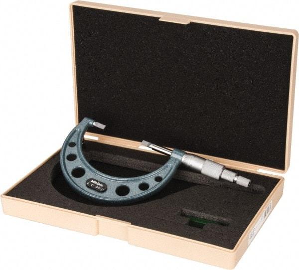 Mitutoyo - 2" to 3" Mechanical Hammertone Green Coated Blade Micrometer - 0.0002" Accuracy, 0.0001" Graduation, 0.75mm Blade Thickness, Ratchet Stop Thimble - Apex Tool & Supply