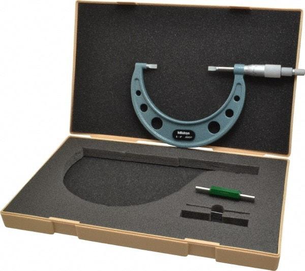 Mitutoyo - 3" to 4" Mechanical Hammertone Green Coated Blade Micrometer - 0.0002" Accuracy, 0.0001" Graduation, 0.75mm Blade Thickness, Ratchet Stop Thimble - Apex Tool & Supply