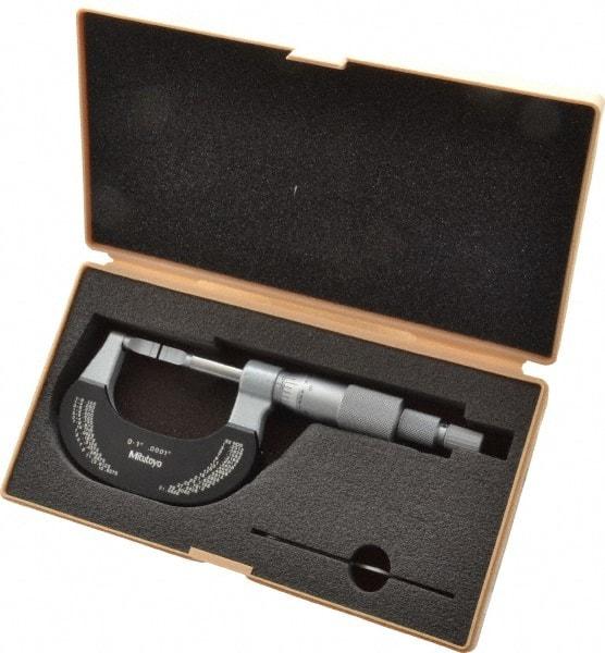 Mitutoyo - 0" to 1" Mechanical Baked Enamel Coated Blade Micrometer - 0.0002" Accuracy, 0.0001" Graduation, 0.4mm Blade Thickness, Ratchet Stop Thimble - Apex Tool & Supply