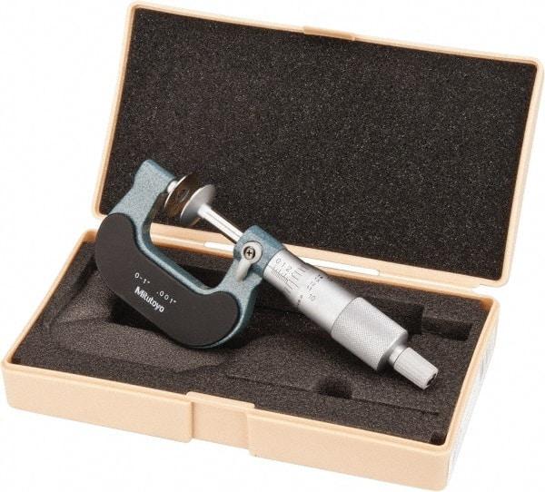 Mitutoyo - 0 to 1 Inch, 0.001 Inch Graduation, Ratchet Stop Thimble, Mechanical Disc Micrometer - 0.0002 Inch Accuracy, 20mm Disc, 6.35mm Spindle - Apex Tool & Supply