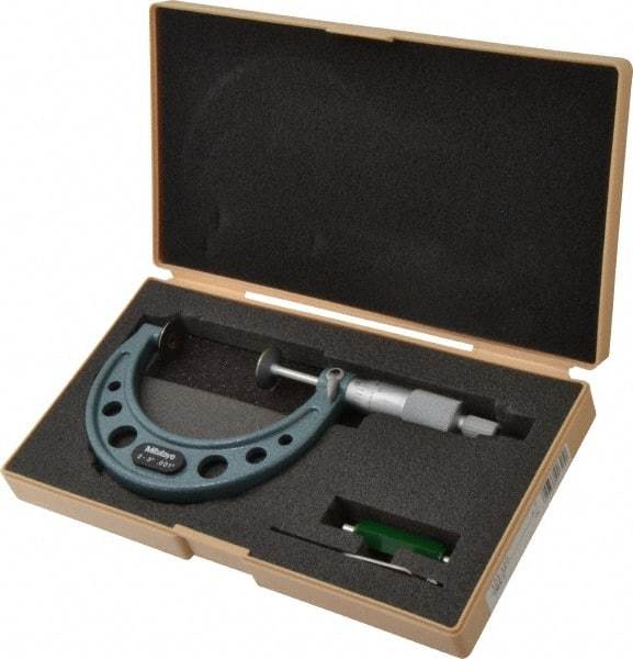 Mitutoyo - 2 to 3 Inch, 0.001 Inch Graduation, Ratchet Stop Thimble, Mechanical Disc Micrometer - 0.0003 Inch Accuracy, 20mm Disc, 6.35mm Spindle - Apex Tool & Supply
