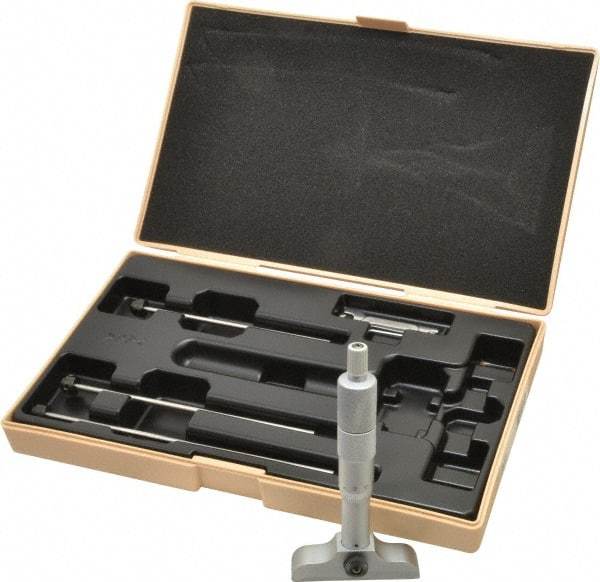 Mitutoyo - 0 to 100mm Range, 4 Rod, Satin Chrome Finish Mechanical Depth Micrometer - Ratchet Stop Thimble, 63.5mm Base Length, 0.01mm Graduation, 4mm Rod Diam - Apex Tool & Supply