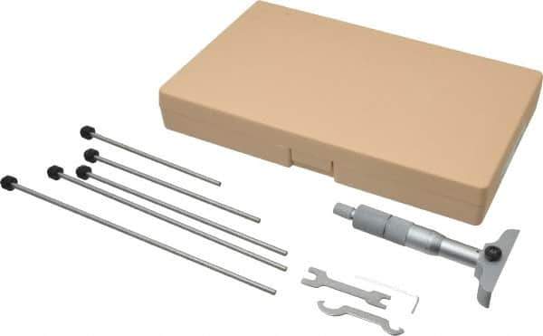 Mitutoyo - 0 to 150mm Range, 6 Rod, Satin Chrome Finish Mechanical Depth Micrometer - Ratchet Stop Thimble, 63.5mm Base Length, 0.01mm Graduation, 4mm Rod Diam - Apex Tool & Supply
