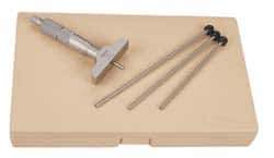 Mitutoyo - 0 to 150mm Range, 6 Rod, Satin Chrome Finish Mechanical Depth Micrometer - Ratchet Stop Thimble, 101.6mm Base Length, 0.01mm Graduation, 4mm Rod Diam - Apex Tool & Supply