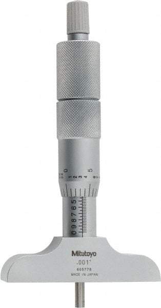 Mitutoyo - 0 to 4" Range, 4 Rod, Satin Chrome Finish Mechanical Depth Micrometer - Ratchet Stop Thimble, 2-1/2" Base Length, 0.01mm Graduation, 4mm Rod Diam - Apex Tool & Supply