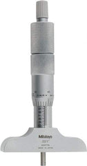 Mitutoyo - 0 to 4" Range, 4 Rod, Satin Chrome Finish Mechanical Depth Micrometer - Ratchet Stop Thimble, 2-1/2" Base Length, 0.01mm Graduation, 4mm Rod Diam - Apex Tool & Supply