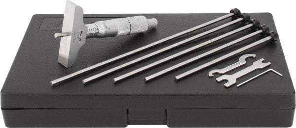 Mitutoyo - 0 to 6" Range, 6 Rod, Satin Chrome Finish Mechanical Depth Micrometer - Ratchet Stop Thimble, 2-1/2" Base Length, 0.01mm Graduation, 4mm Rod Diam - Apex Tool & Supply