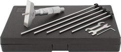 Mitutoyo - 0 to 6" Range, 6 Rod, Satin Chrome Finish Mechanical Depth Micrometer - Ratchet Stop Thimble, 2-1/2" Base Length, 0.01mm Graduation, 4mm Rod Diam - Apex Tool & Supply