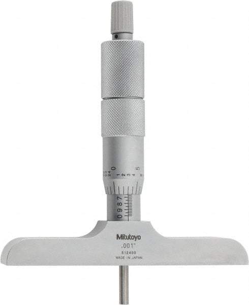 Mitutoyo - 0 to 4" Range, 4 Rod, Satin Chrome Finish Mechanical Depth Micrometer - Ratchet Stop Thimble, 4" Base Length, 0.01mm Graduation, 4mm Rod Diam - Apex Tool & Supply