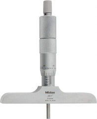 Mitutoyo - 0 to 4" Range, 4 Rod, Satin Chrome Finish Mechanical Depth Micrometer - Ratchet Stop Thimble, 4" Base Length, 0.01mm Graduation, 4mm Rod Diam - Apex Tool & Supply