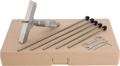 Mitutoyo - 0 to 6" Range, 6 Rod, Satin Chrome Finish Mechanical Depth Micrometer - Ratchet Stop Thimble, 4" Base Length, 0.01mm Graduation, 4mm Rod Diam - Apex Tool & Supply