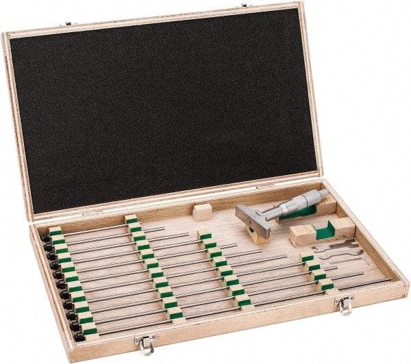 Mitutoyo - 0 to 12" Range, 12 Rod, Satin Chrome Finish Mechanical Depth Micrometer - Ratchet Stop Thimble, 2-1/2" Base Length, 0.01mm Graduation, 4mm Rod Diam - Apex Tool & Supply