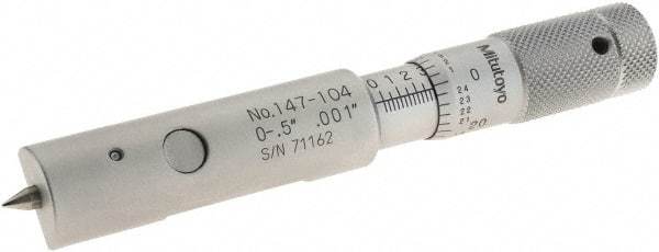 Mitutoyo - 0 to 0.5 Inch Measurement Range, 0.001 Inch Graduation, Accuracy up to 0.0001 Inch, Steel, Mechanical Can Seam Micrometer - 15mm Head Diameter, 5mm Throat Depth, Flat Spindle, Includes Carton Case - Apex Tool & Supply