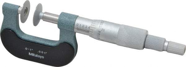 Mitutoyo - 0 to 1 Inch, 0.001 Inch Graduation, Ratchet Stop Thimble, Mechanical Disc Micrometer - 0.0002 Inch Accuracy, 0.7874 Inch Disc, 8mm Spindle, 0.0001 Inch Resolution - Apex Tool & Supply