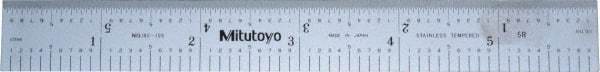 Mitutoyo - 6" Long, 1/100, 1/64, 1/32, 1/10" Graduation, Rigid Stainless Steel Rule - 5R Graduation Style, 3/4" Wide, Silver, Satin Chrome Finish - Apex Tool & Supply