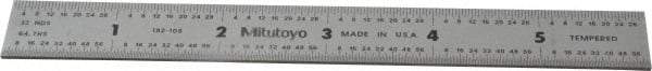 Mitutoyo - 6" Long, 1/64, 1/32" and 0.5, 1mm Graduation, Rigid Stainless Steel Rule - English/Metric Graduation Style, 3/4" Wide, Silver, Satin Chrome Finish - Apex Tool & Supply