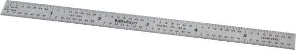 Mitutoyo - 6" Long, 1/64, 1/32" and 0.5, 1mm Graduation, Flexible Stainless Steel Rule - English/Metric Graduation Style, 1/2" Wide, Silver, Satin Chrome Finish - Apex Tool & Supply