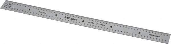 Mitutoyo - 6" Long, 1/100, 1/10" and 0.5, 1mm Graduation, Flexible Stainless Steel Rule - Decimal/Metric Graduation Style, 1/2" Wide, Silver, Satin Chrome Finish - Apex Tool & Supply