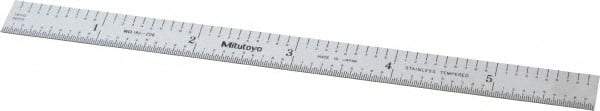 Mitutoyo - 6" Long, 1/50, 1/10" and 0.5, 1mm Graduation, Flexible Stainless Steel Rule - Decimal/Metric Graduation Style, 1/2" Wide, Silver, Satin Chrome Finish - Apex Tool & Supply