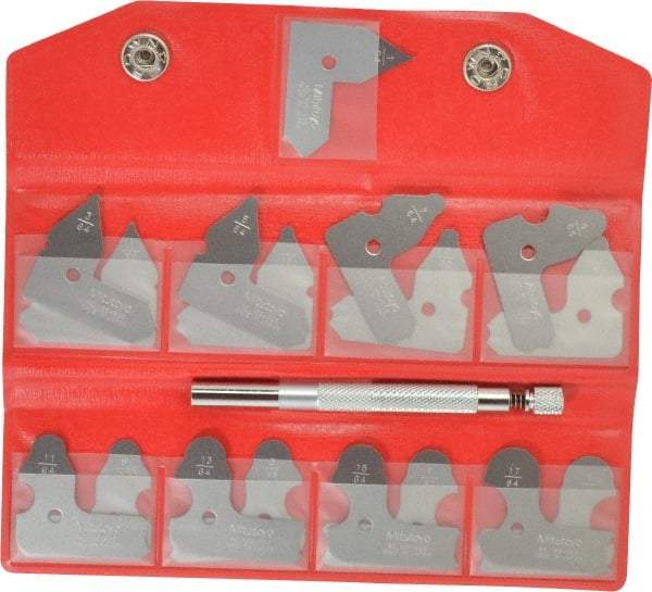 Mitutoyo - 17 Piece, 1/64 to 17/64 Inch Radius, Radius Gage Set - Satin Chrome Coated - Apex Tool & Supply